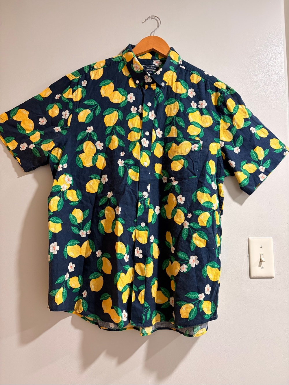 Club Room Navy Short-Sleeve Button-Down with Yellow Lemon Print